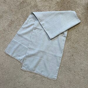 Farmhouse gray table runner with crochet edges, 70” x 14”